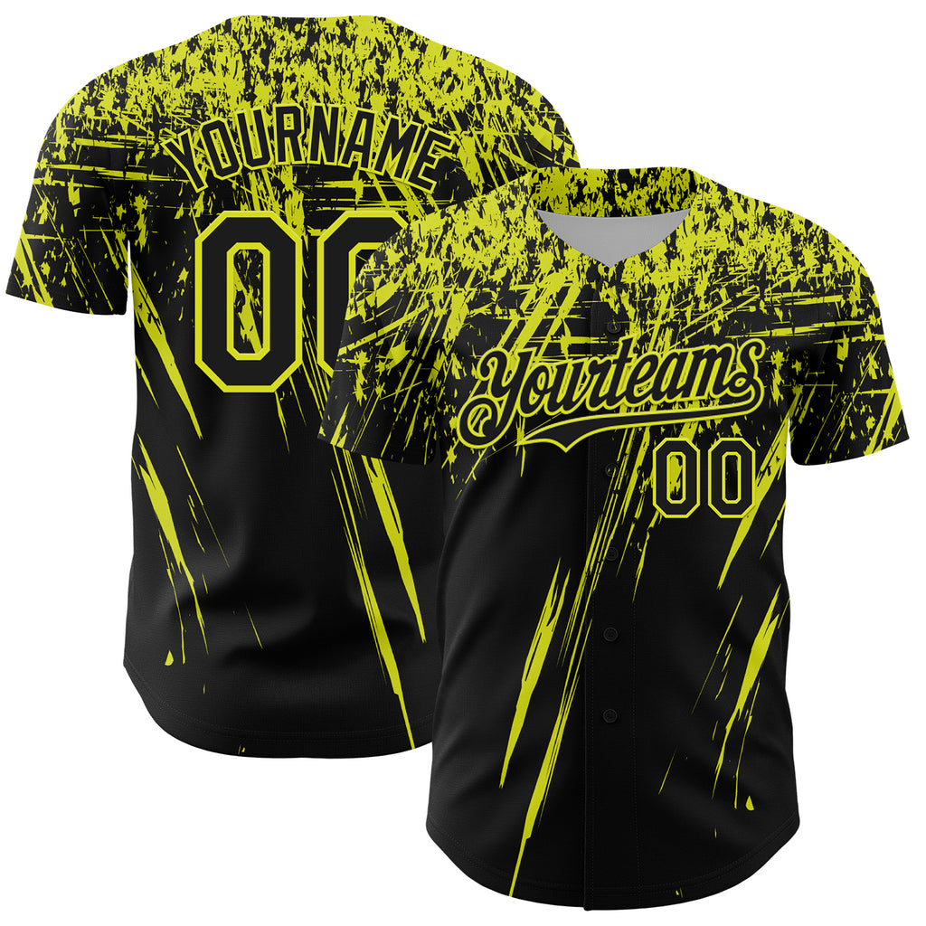 Custom Black Neon Yellow Distressed Scratch Brush Stroke Authentic Baseball Jersey