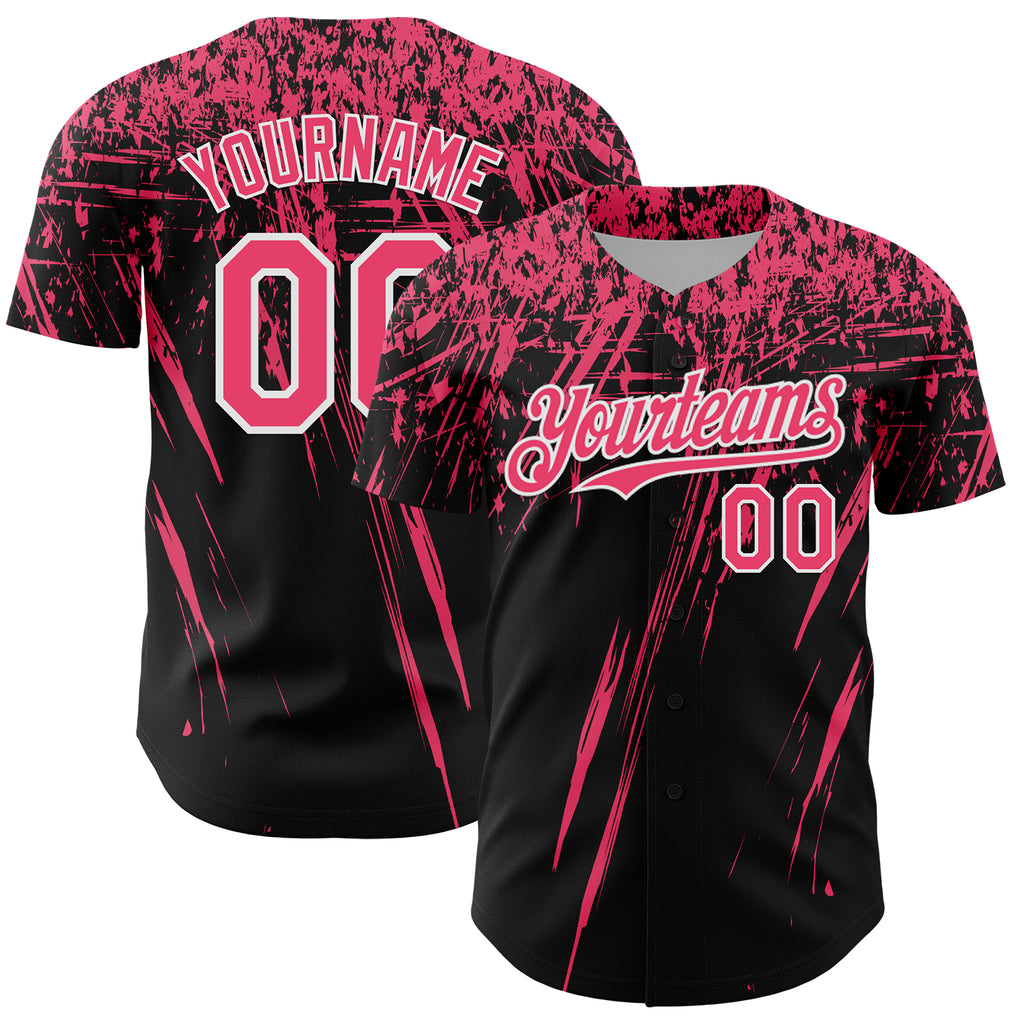 Custom Black Neon Pink-White Distressed Scratch Brush Stroke Authentic Baseball Jersey