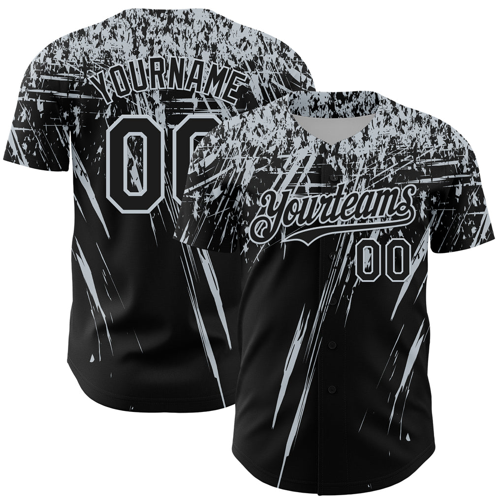 Custom Black Silver Distressed Scratch Brush Stroke Authentic Baseball Jersey
