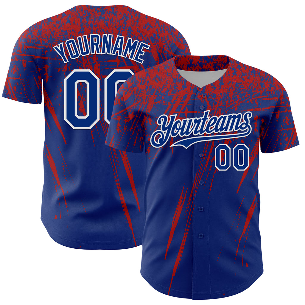Custom Royal Red-White Distressed Scratch Brush Stroke Authentic Baseball Jersey