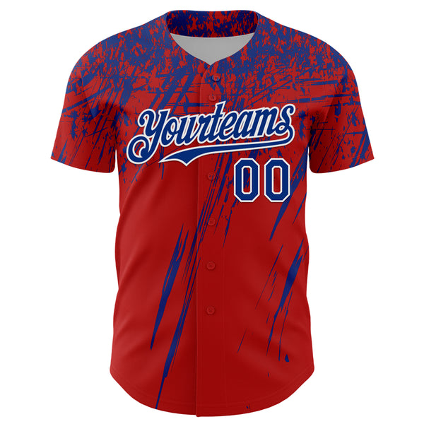 Custom Red Royal-White Distressed Scratch Brush Stroke Authentic Baseball Jersey