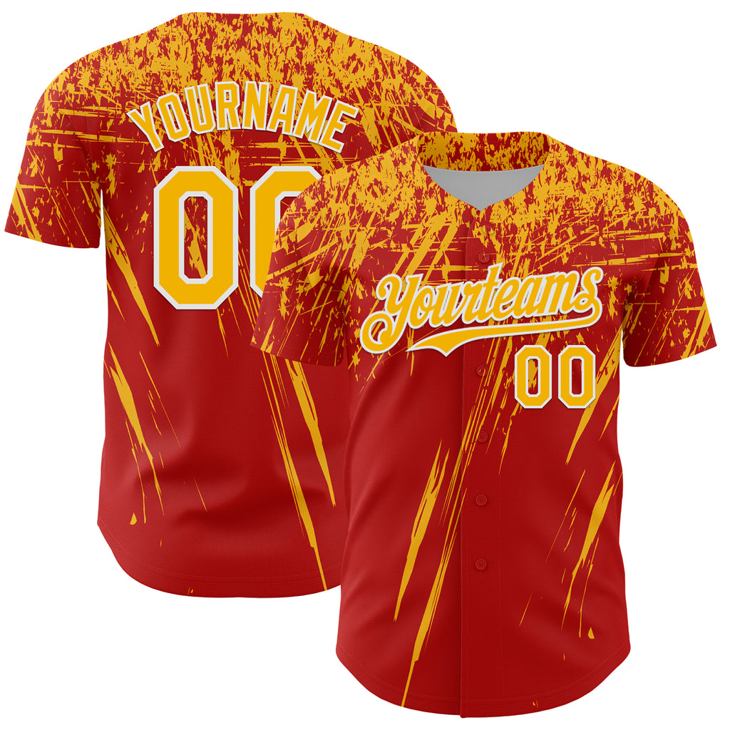 Custom Red Gold-White Distressed Scratch Brush Stroke Authentic Baseball Jersey