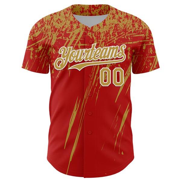 Custom Red Old Gold-White Distressed Scratch Brush Stroke Authentic Baseball Jersey