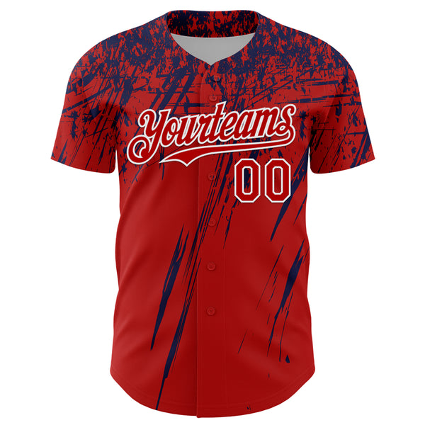 Custom Red Navy-White Distressed Scratch Brush Stroke Authentic Baseball Jersey