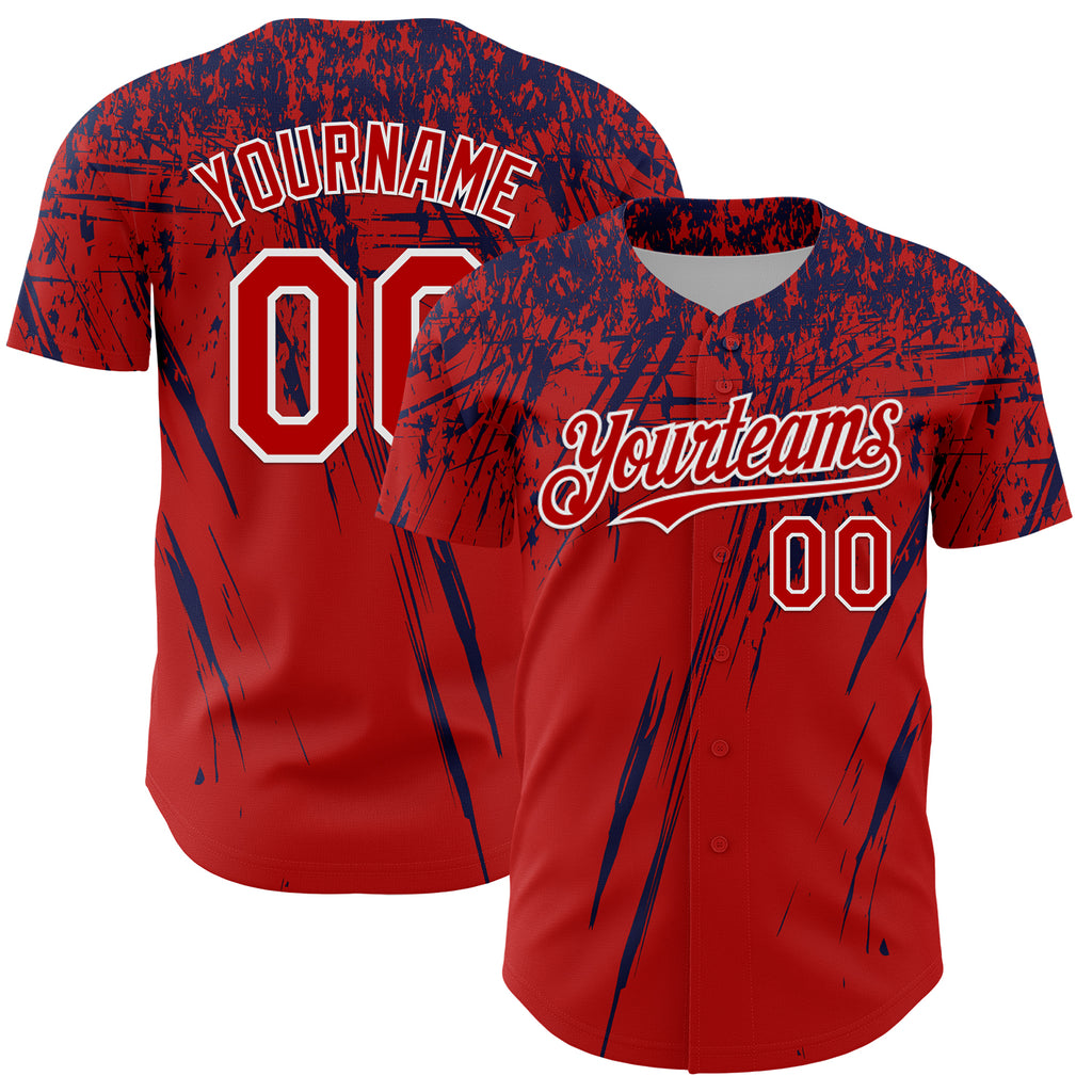 Custom Red Navy-White Distressed Scratch Brush Stroke Authentic Baseball Jersey
