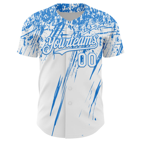 Custom White Electric Blue Distressed Scratch Brush Stroke Authentic Baseball Jersey