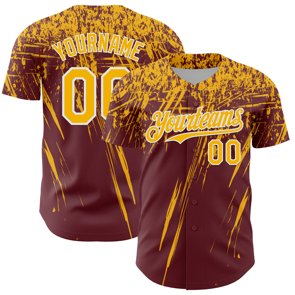 Custom Burgundy Gold-White Distressed Scratch Brush Stroke Authentic Baseball Jersey
