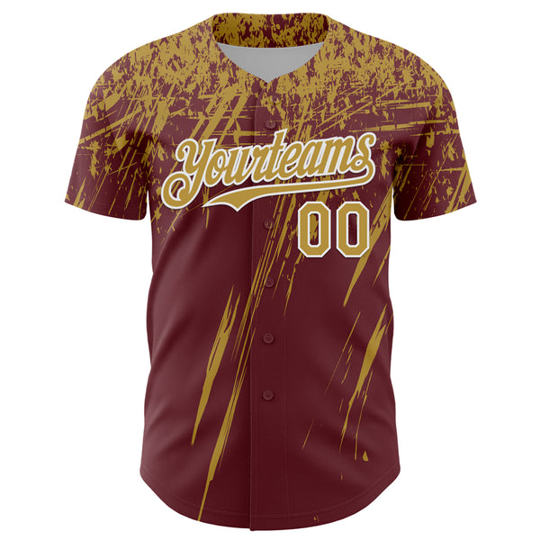 Custom Burgundy Old Gold-White Distressed Scratch Brush Stroke Authentic Baseball Jersey