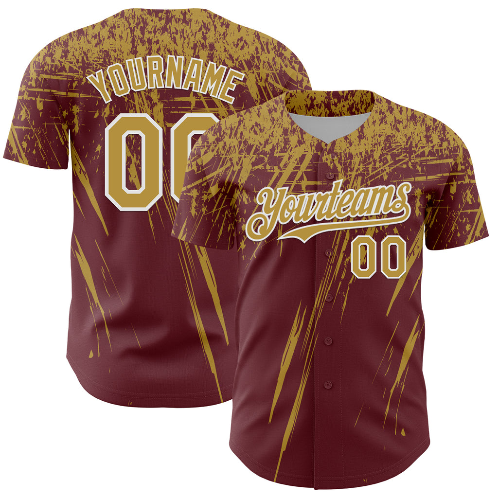 Custom Burgundy Old Gold-White Distressed Scratch Brush Stroke Authentic Baseball Jersey