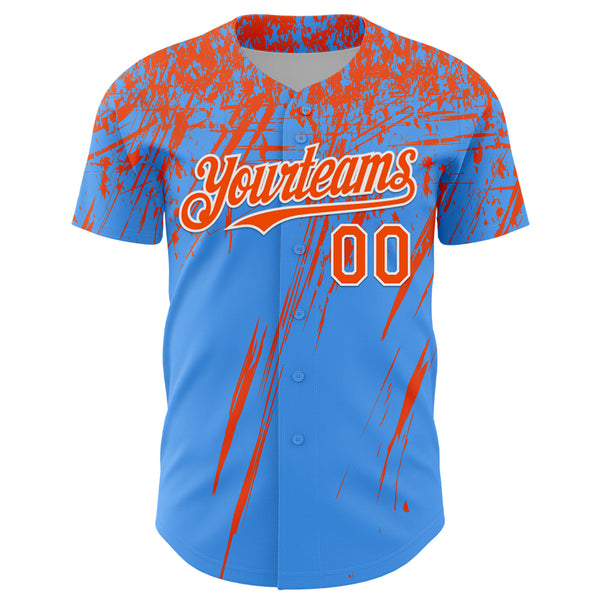 Custom Electric Blue Orange-White Distressed Scratch Brush Stroke Authentic Baseball Jersey