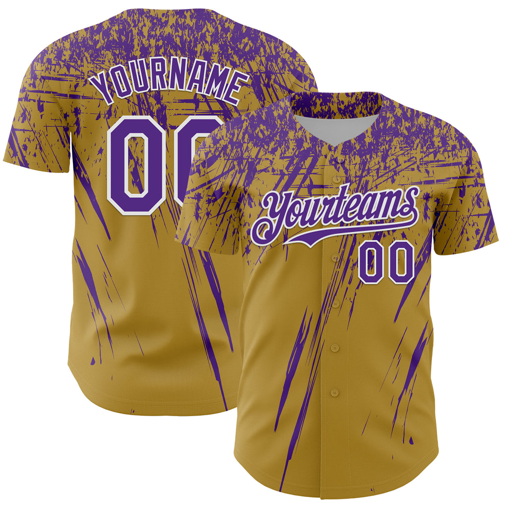Custom Old Gold Purple-White Distressed Scratch Brush Stroke Authentic Baseball Jersey