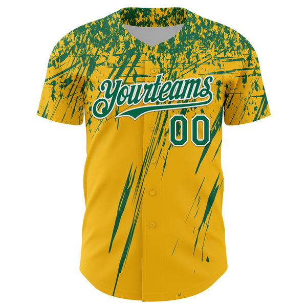 Custom Gold Kelly Green-White Distressed Scratch Brush Stroke Authentic Baseball Jersey