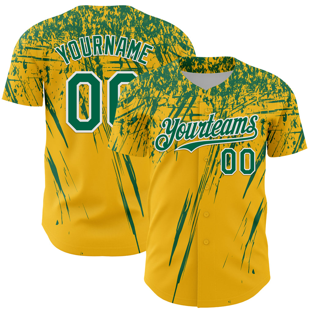 Custom Gold Kelly Green-White Distressed Scratch Brush Stroke Authentic Baseball Jersey