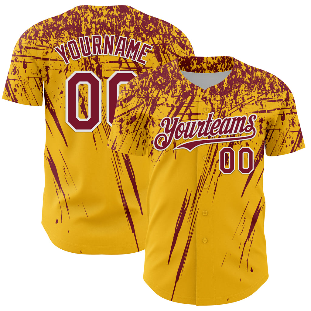 Custom Gold Crimson-White Distressed Scratch Brush Stroke Authentic Baseball Jersey