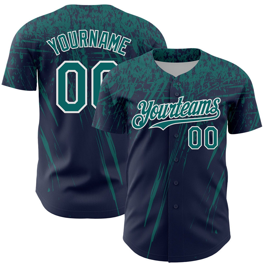 Custom Navy Teal-White Distressed Scratch Brush Stroke Authentic Baseball Jersey
