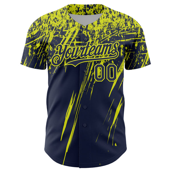 Custom Navy Neon Yellow Distressed Scratch Brush Stroke Authentic Baseball Jersey