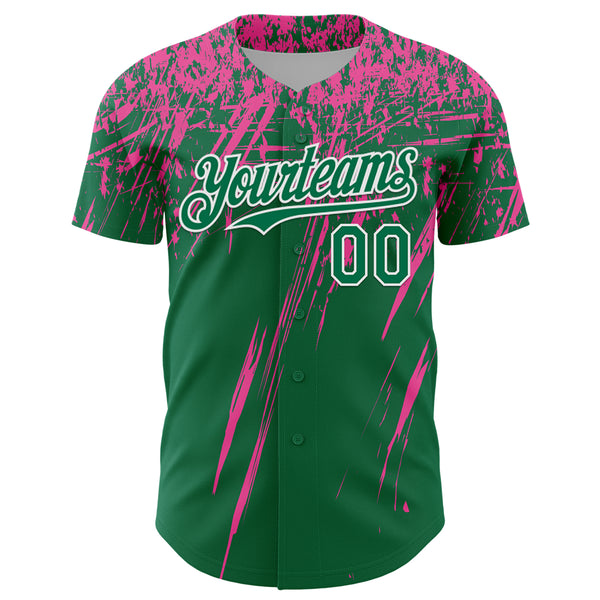 Custom Kelly Green Pink-White Distressed Scratch Brush Stroke Authentic Baseball Jersey