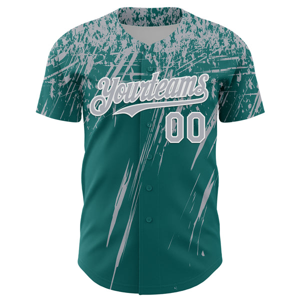 Custom Teal Gray-White Distressed Scratch Brush Stroke Authentic Baseball Jersey