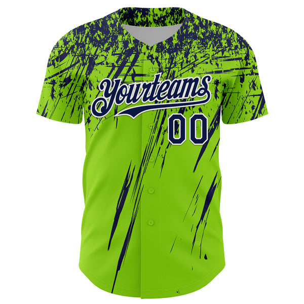 Custom Neon Green Navy-White Distressed Scratch Brush Stroke Authentic Baseball Jersey