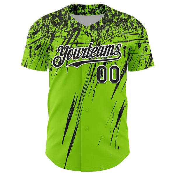 Custom Neon Green Black-White Distressed Scratch Brush Stroke Authentic Baseball Jersey