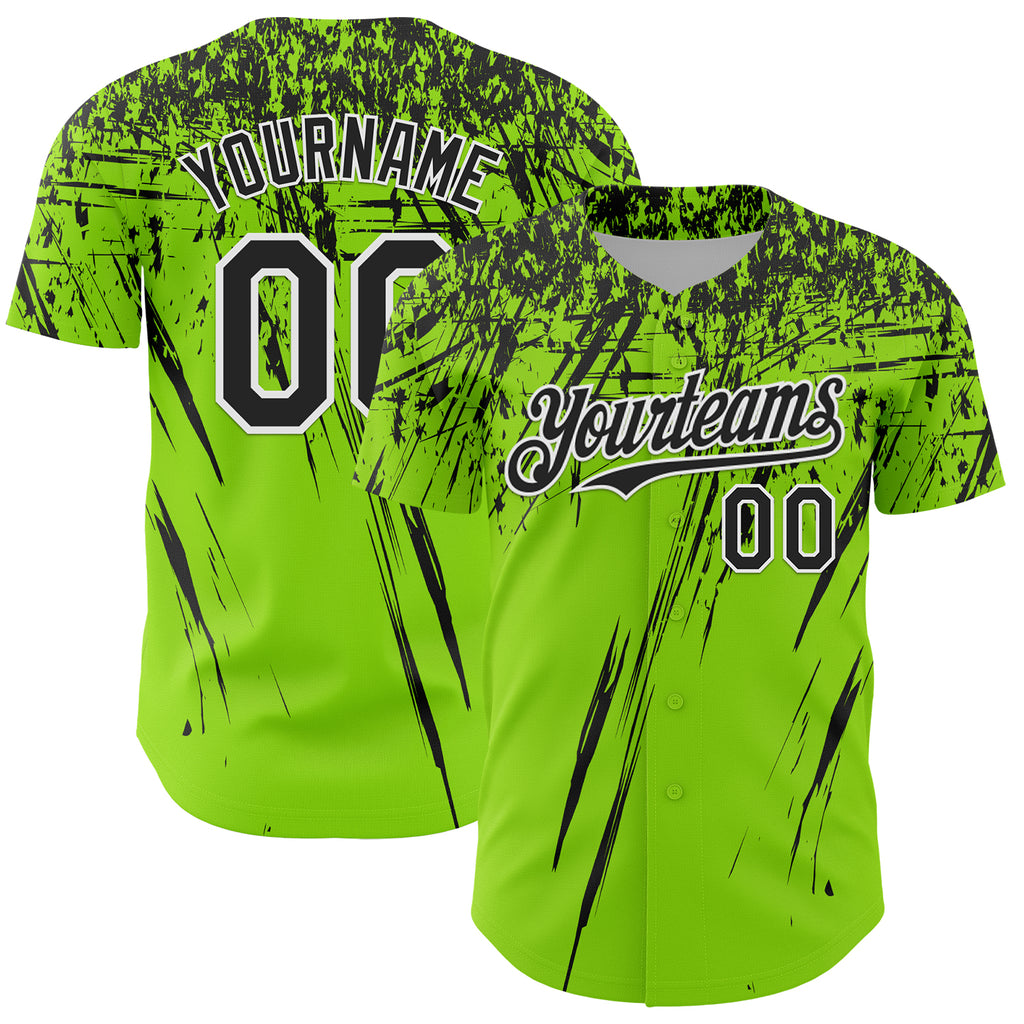 Custom Neon Green Black-White Distressed Scratch Brush Stroke Authentic Baseball Jersey