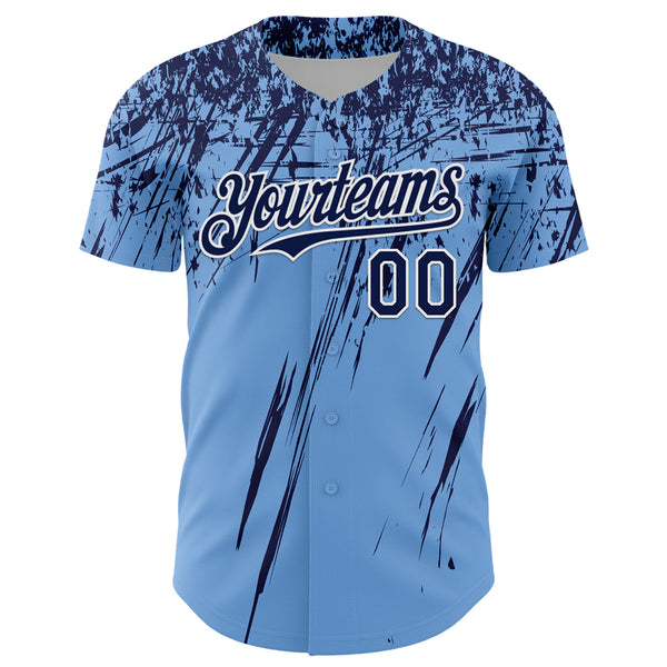Custom Light Blue Navy-White Distressed Scratch Brush Stroke Authentic Baseball Jersey