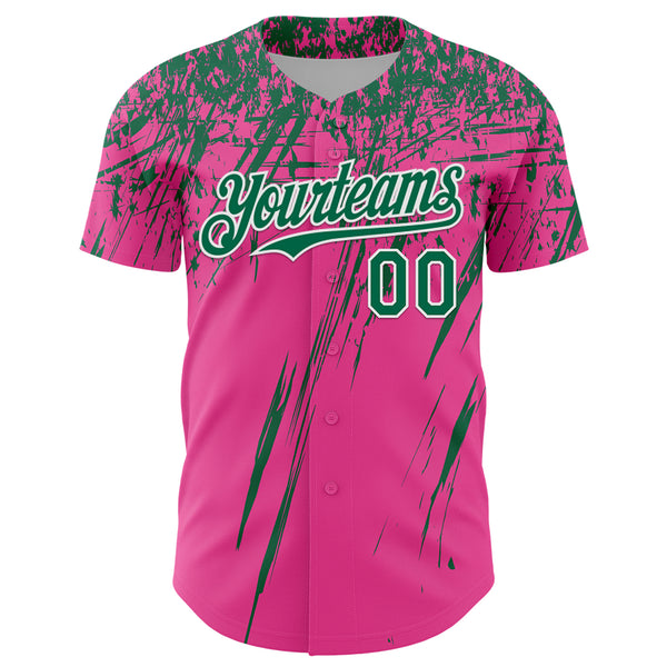 Custom Pink Kelly Green-White Distressed Scratch Brush Stroke Authentic Baseball Jersey