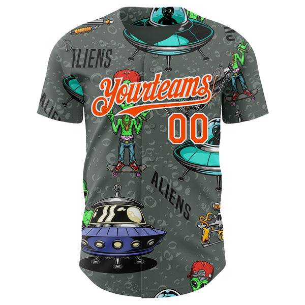 Custom Gray Orange-White 3D Pattern Design Alien UFO Space Authentic Baseball Jersey