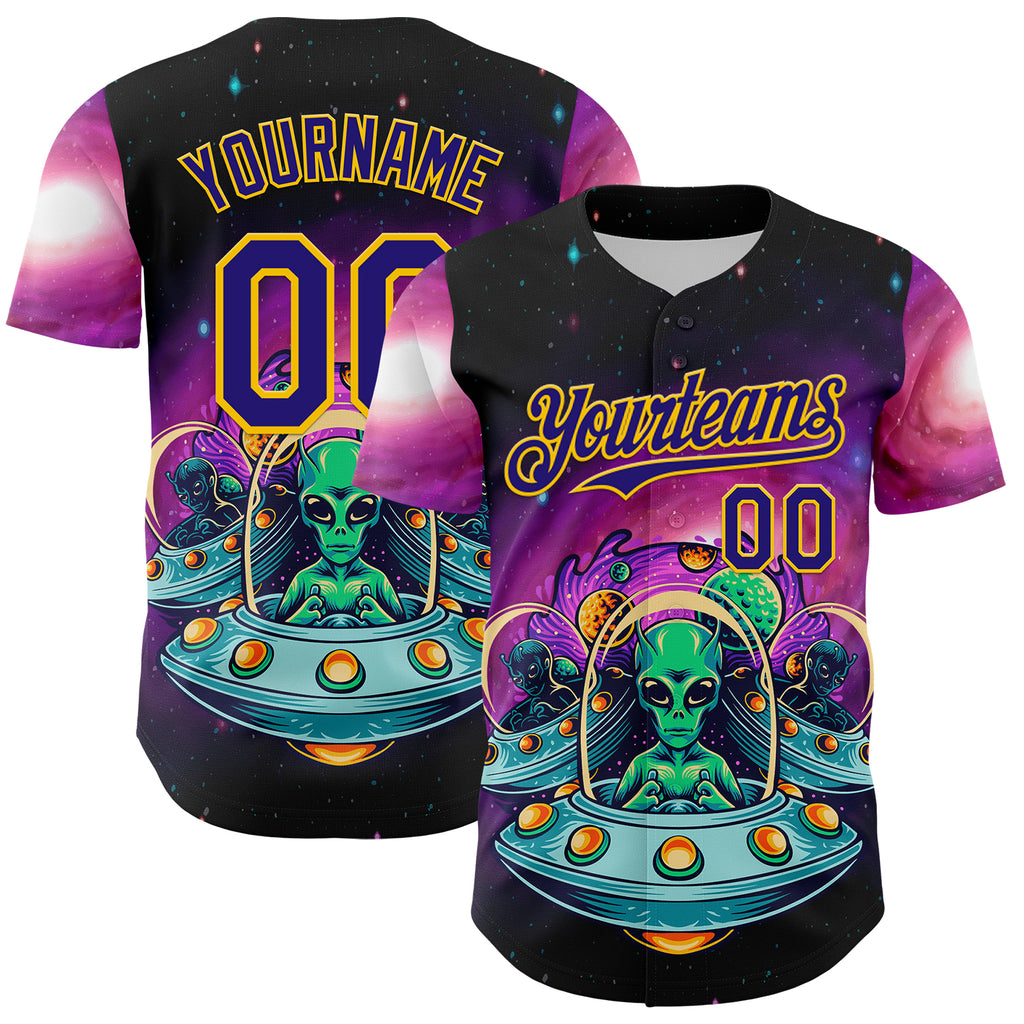 Custom Black Dark Purple-Yellow 3D Pattern Design Alien UFO Space Galaxy Authentic Baseball Jersey