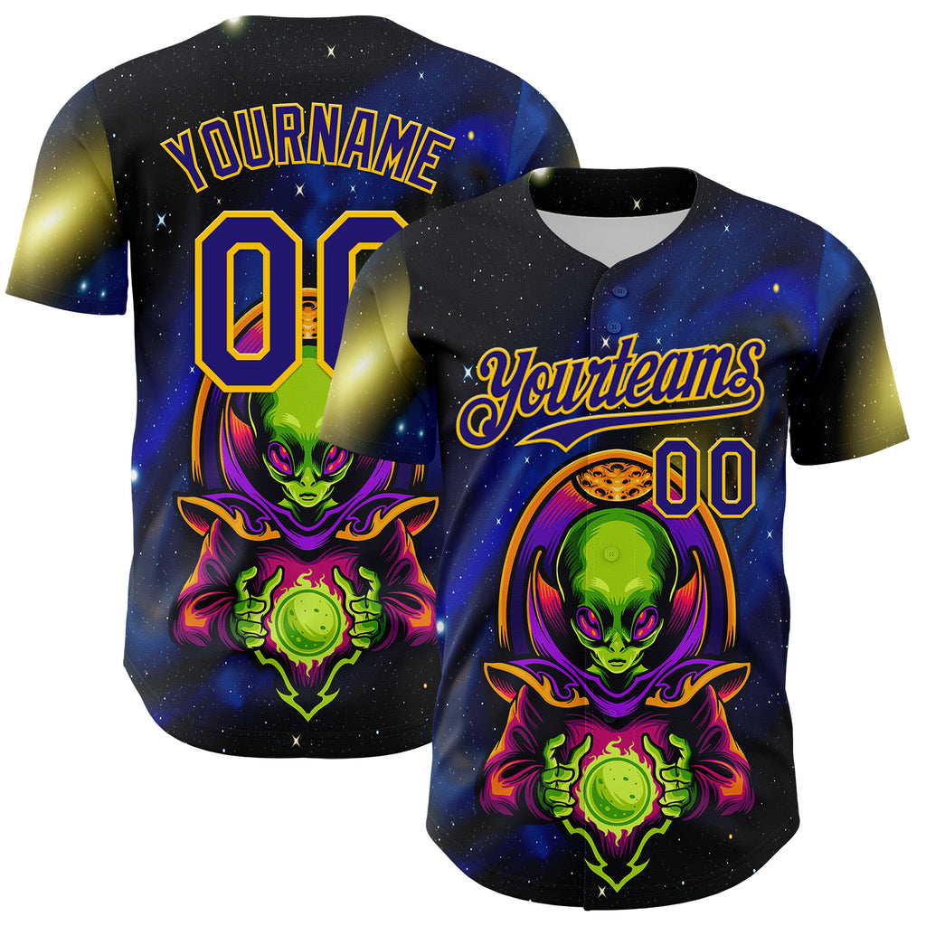 Custom Navy Dark Purple-Yellow 3D Pattern Design Alien UFO Space Galaxy Authentic Baseball Jersey