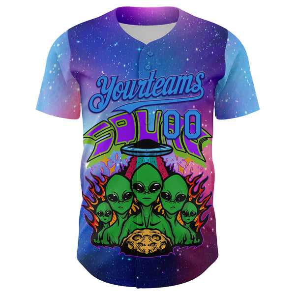 Custom Purple Electric Blue-Dark Purple 3D Pattern Design Alien Family UFO Space Galaxy Flame Authentic Baseball Jersey