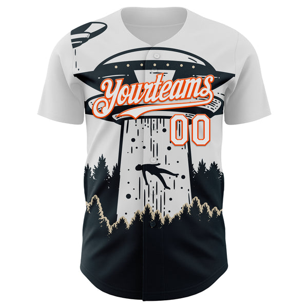 Custom White Orange-Black 3D Pattern Design UFO Alien Abduction Authentic Baseball Jersey