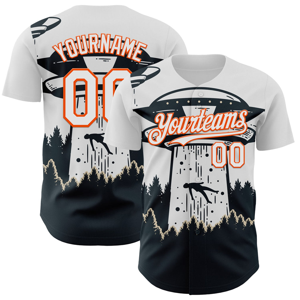 Custom White Orange-Black 3D Pattern Design UFO Alien Abduction Authentic Baseball Jersey