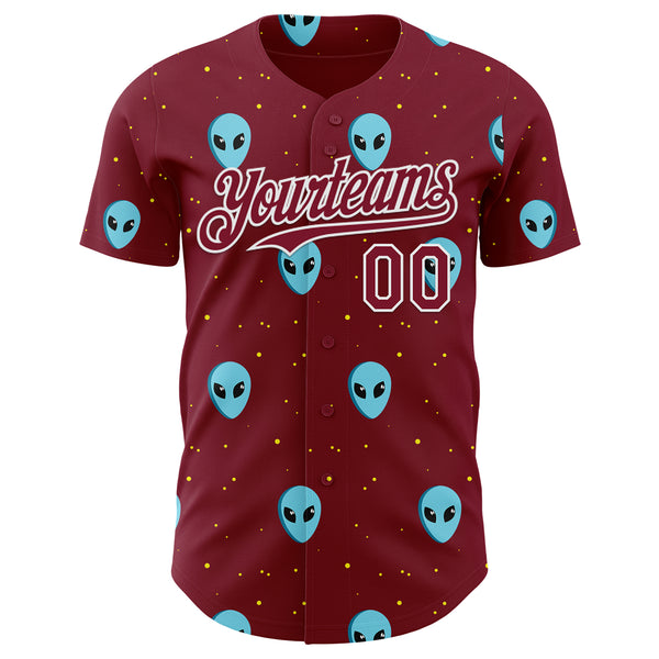 Custom Crimson White 3D Pattern Design Cartoon Alien Galaxy Authentic Baseball Jersey
