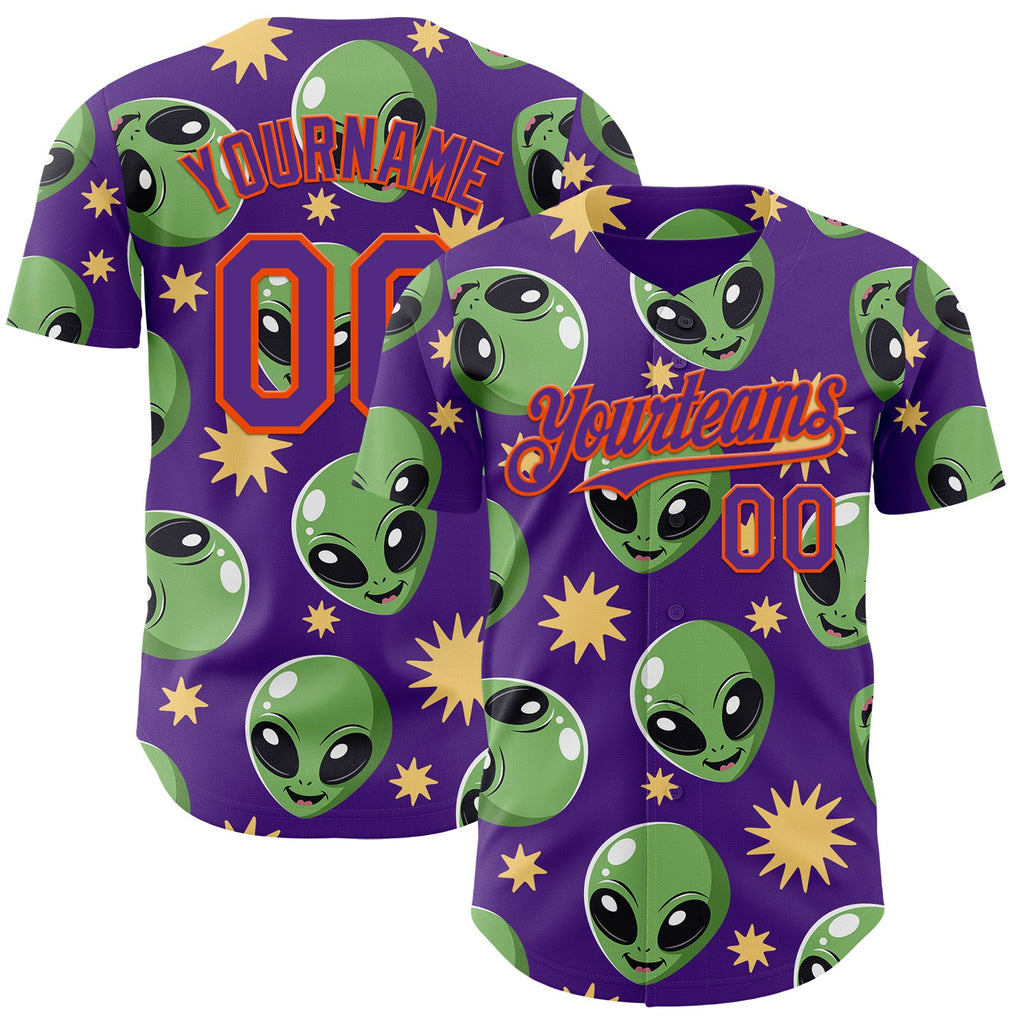 Custom Purple Green-Orange 3D Pattern Design Cartoon Alien Authentic Baseball Jersey