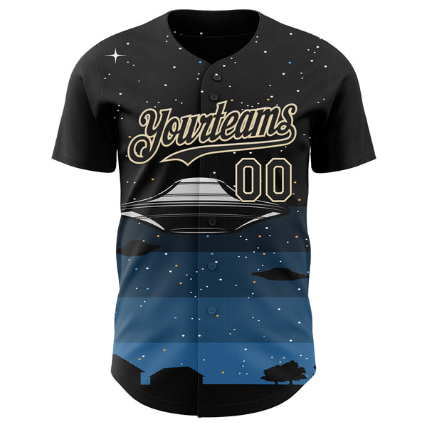 Custom Black Cream 3D Pattern Design Alien UFO Galaxy Night Sky Town Authentic Baseball Jersey