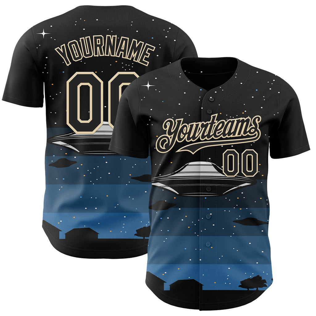 Custom Black Cream 3D Pattern Design Alien UFO Galaxy Night Sky Town Authentic Baseball Jersey