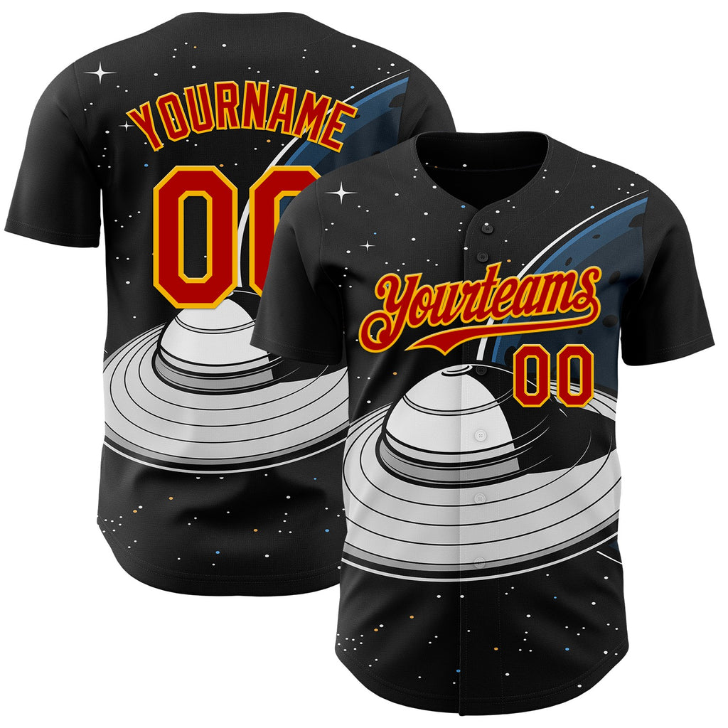 Custom Black Red-Gold 3D Pattern Design Alien UFO Saucer Authentic Baseball Jersey