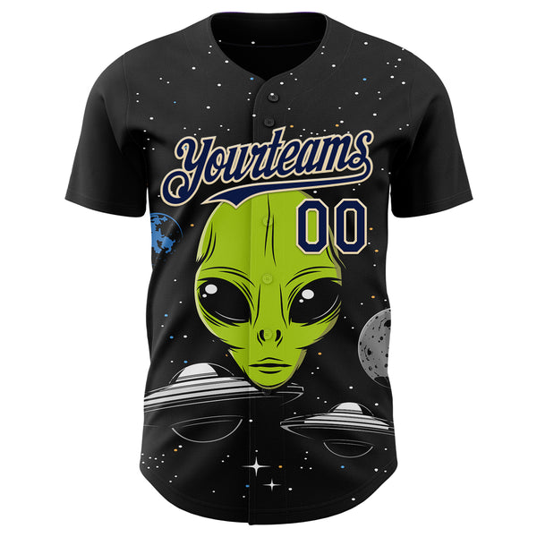 Custom Black Navy-Cream 3D Pattern Design Alien UFO Galaxy Authentic Baseball Jersey