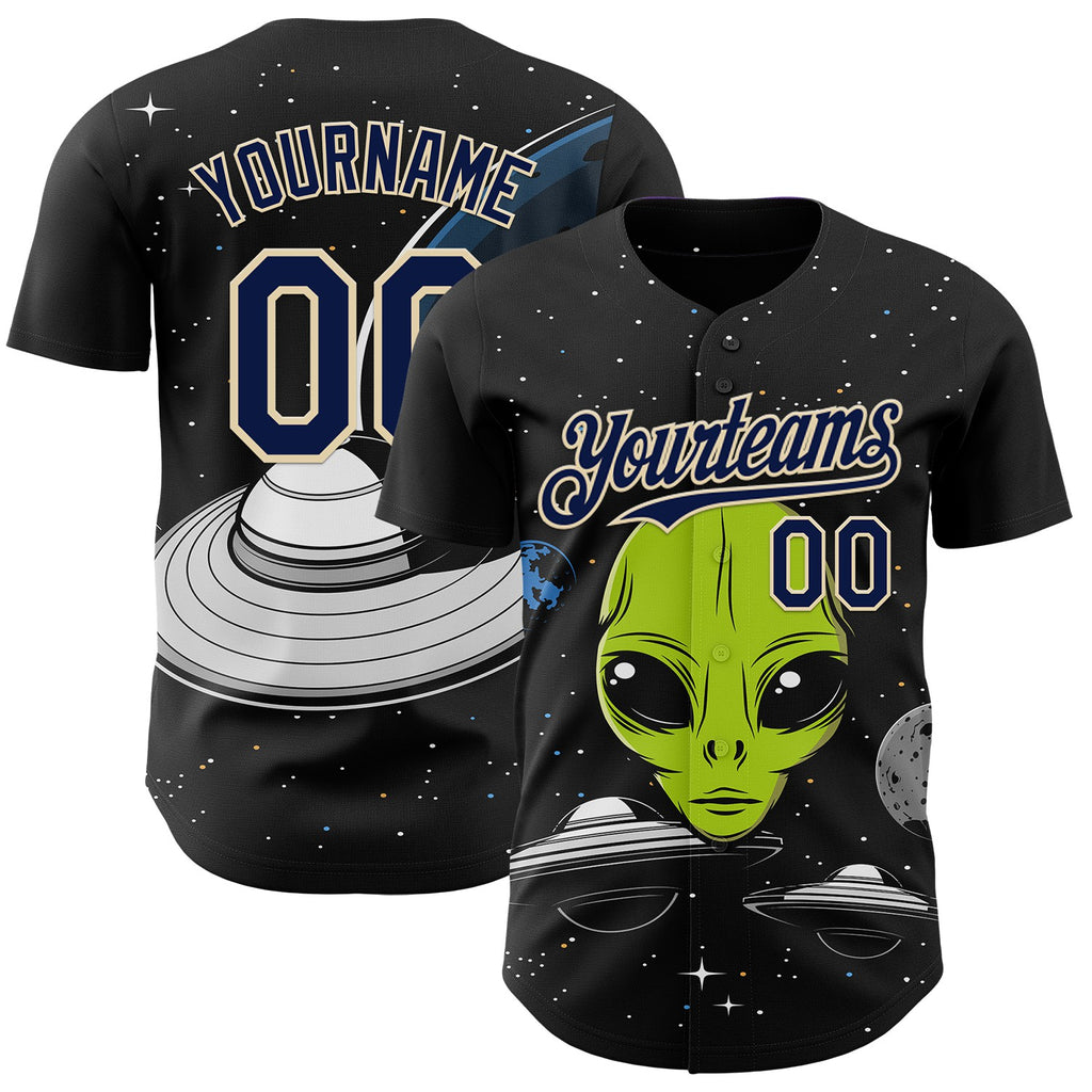 Custom Black Navy-Cream 3D Pattern Design Alien UFO Galaxy Authentic Baseball Jersey