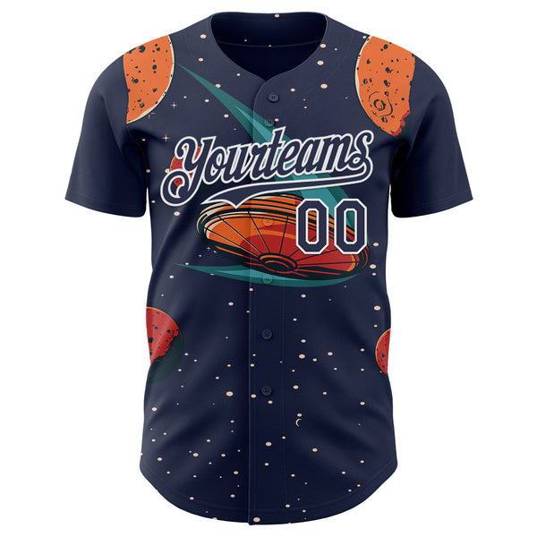Custom Black Navy Orange-White 3D Pattern Design Alien UFO Galaxy Authentic Baseball Jersey