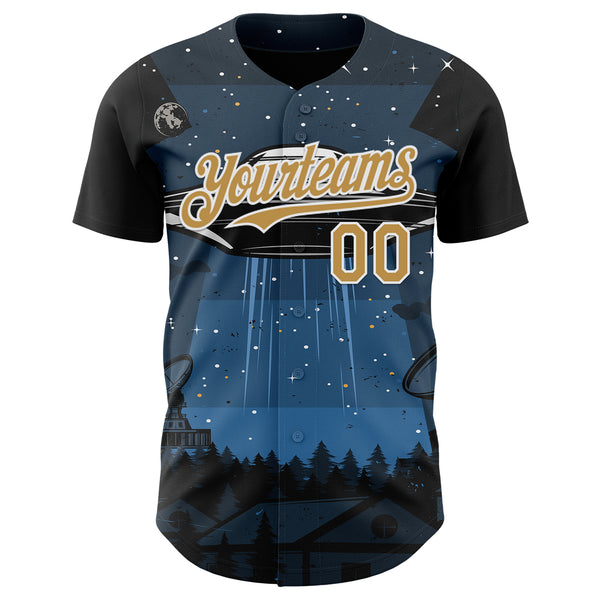 Custom Blue Old Gold Black-White 3D Pattern Design Alien UFO Galaxy Authentic Baseball Jersey