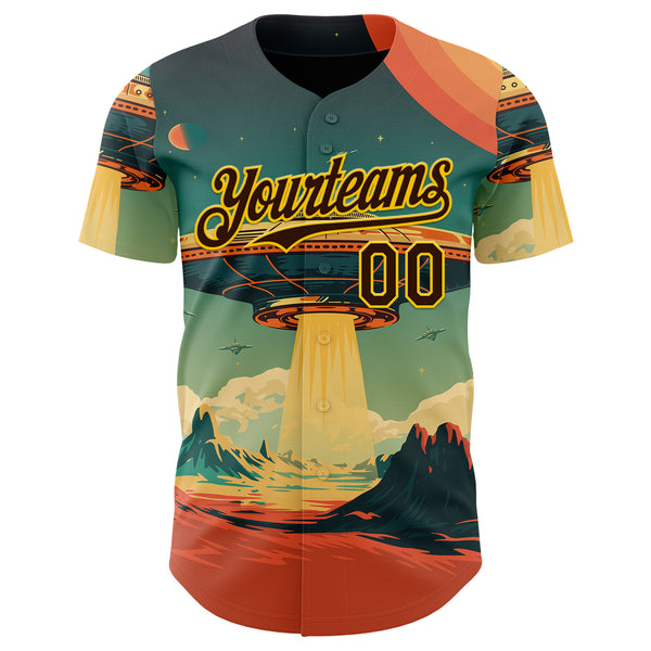 Custom Blue Brown Orange-Gold 3D Pattern Design Alien UFO Galaxy Authentic Baseball Jersey