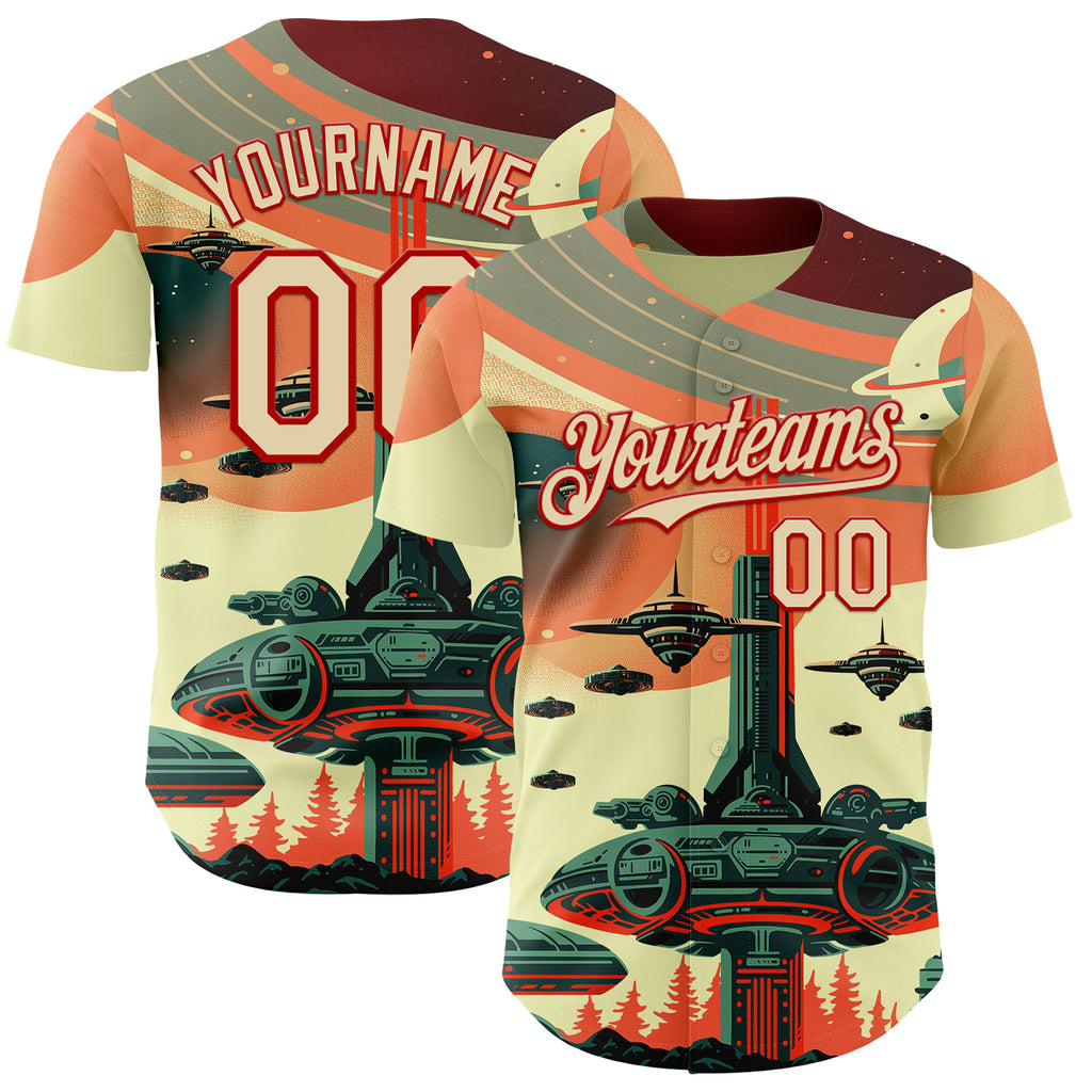 Custom Orange Cream-Red 3D Pattern Design Alien Spaceship Fleet UFO Galaxy Authentic Baseball Jersey