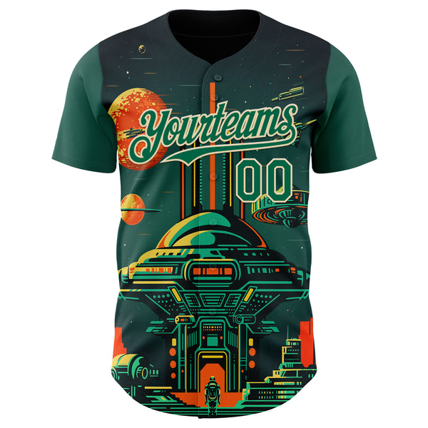 Custom Black Kelly Green-Cream 3D Pattern Design Alien Spaceship Fleet UFO Galaxy Authentic Baseball Jersey