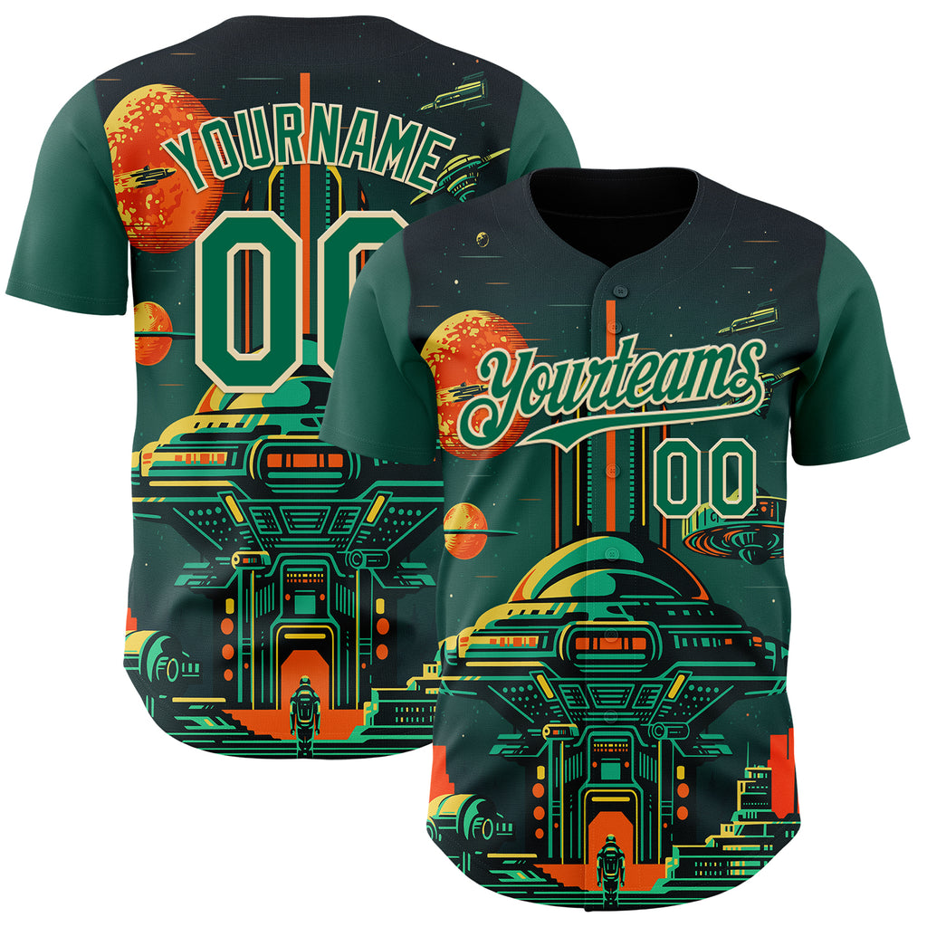 Custom Black Kelly Green-Cream 3D Pattern Design Alien Spaceship Fleet UFO Galaxy Authentic Baseball Jersey