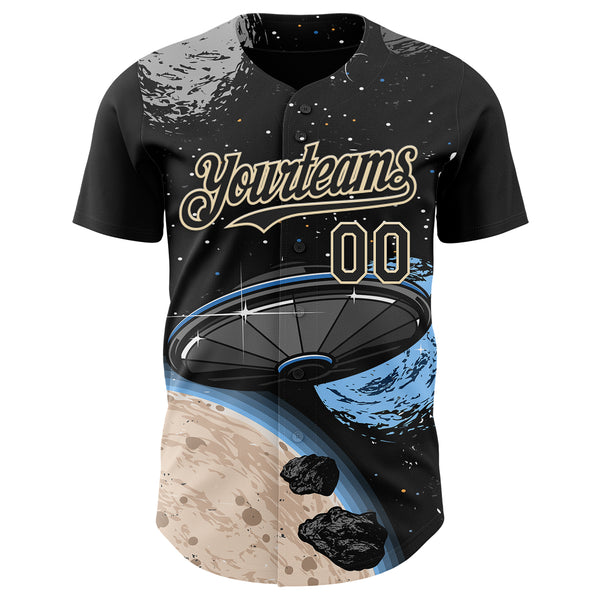 Custom Black Cream 3D Pattern Design Alien Space Meteor UFO Galaxy Authentic Baseball Jersey
