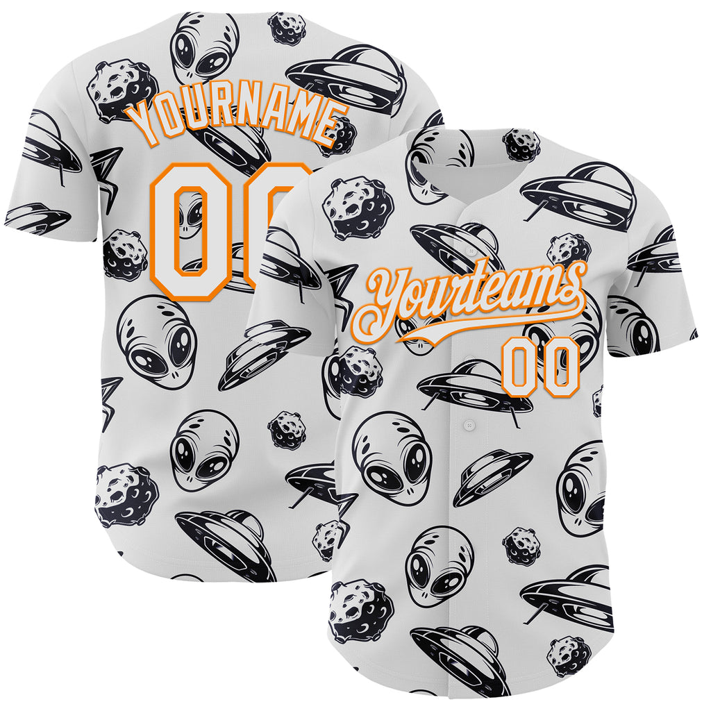 Custom White Bay Orange 3D Pattern Design Alien UFO Authentic Baseball Jersey