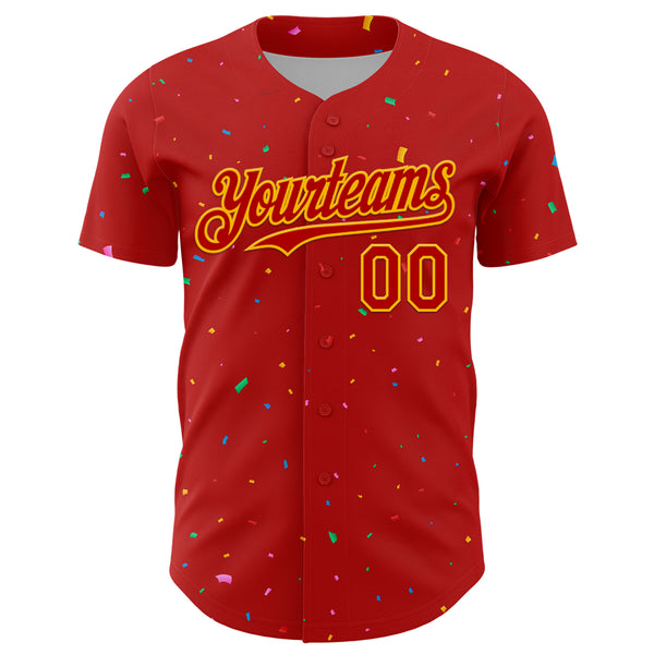 Custom Red Gold 3D Pattern Design Confetti Colorful Speckle Authentic Baseball Jersey