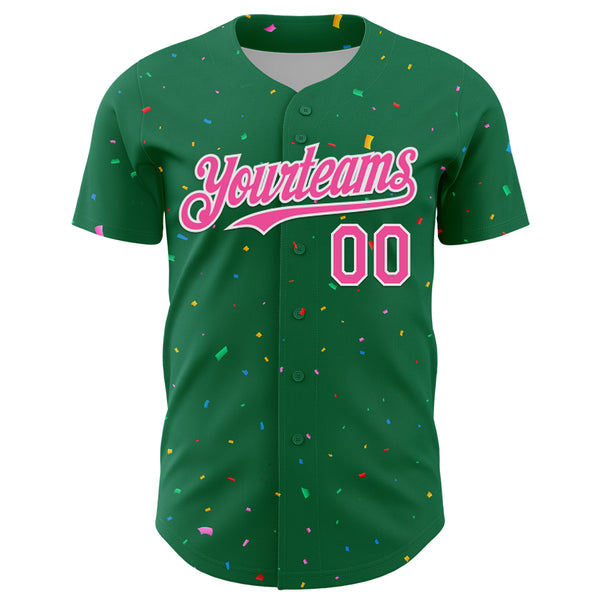 Custom Kelly Green Pink-White 3D Pattern Design Confetti Colorful Speckle Authentic Baseball Jersey